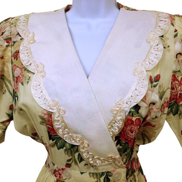 Vintage 80s Expo USA Floral Prairie Dress Lace Collar M(10) Puffed Shoulder Pads - Picture 4 of 12